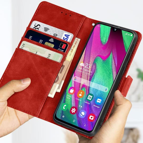 Samsung Galaxy A40 - MERKKI - Krokotiiliefekti - Punainen - Lompakko - Videotuki Röd