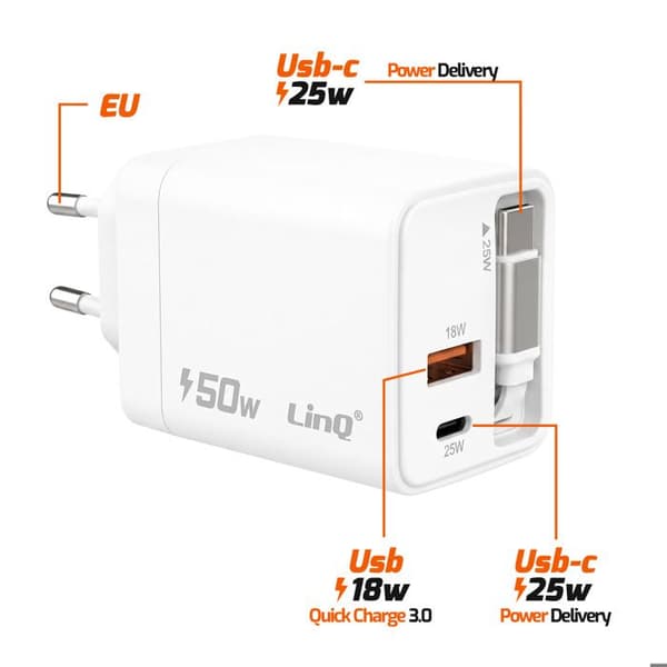 50W vægoplader PPS med retractable kabel / USB-C / USB-A LinQ hvid Vit