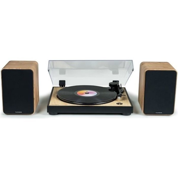 THOMSON WS602DUO - 2 kaiuttimen setti puulaatikolla - 100 W - Bluetooth 5.0 - 2 RCA-lähtöä - Vaaleaa puuta Brunt och svart