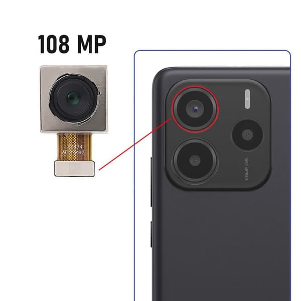 Erstatningskamera bagpå 108MP til Redmi Note 14 5G Sort / Sølv Svart