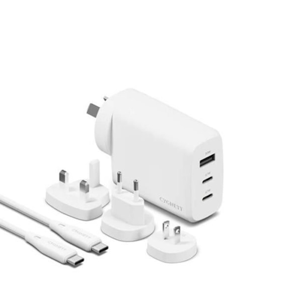 Matkakäyttöön suunniteltu Multiport-laturi 67W GaN PowerMaxx USB-C-kaapelilla 1m CYGNETT Valkoinen Vit