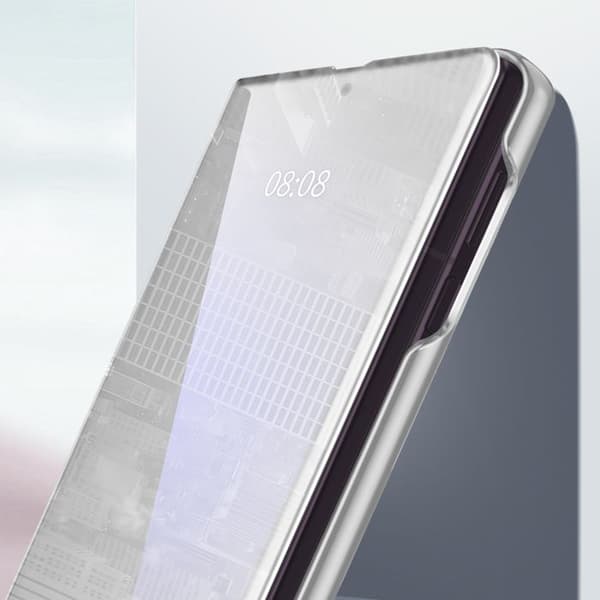 Fodral med spegel för Galaxy Z Fold8, lädereffekt med handsfree-stöd, silver Grå