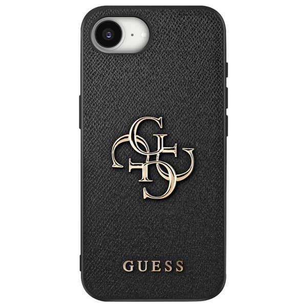 Coque til iPhone 16e Simili læder Saffiano med stort 4G Guess-logo i sort Svart