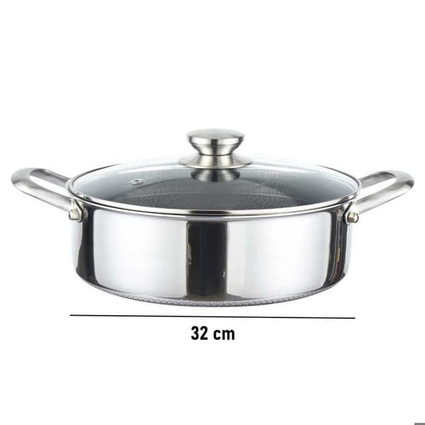 Sauteuse 32cm - CHEFFINGER - Bihona - Rostfritt Stål - Glaslock - 3D Non-stick Grå