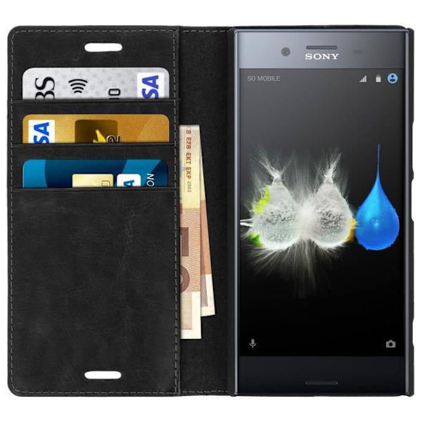 Etui Portefeuille - AVIZAR - Xperia XZ Premium - Læder Sort - Ståfunktion - 3 Kortfag Svart
