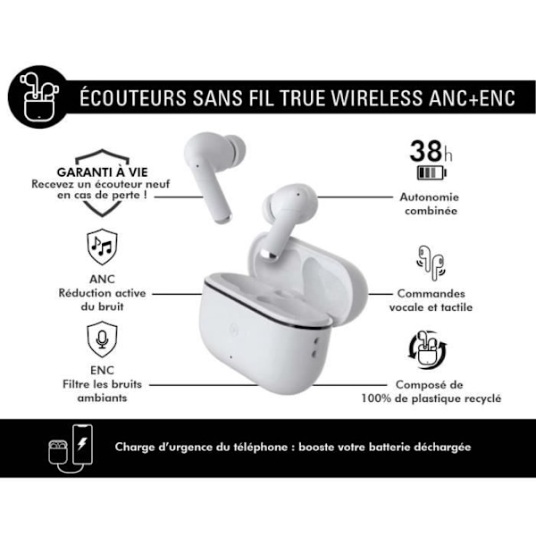 True Wireless høretelefoner - Force Play - Force Play III - ANC - ENC - In-ear Hvid Vit
