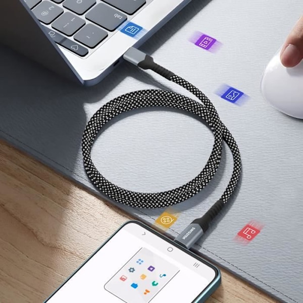 USB-C til USB-C kabel - Swissten - 60W - Automatiske oprulning - 1m - Sort Svart