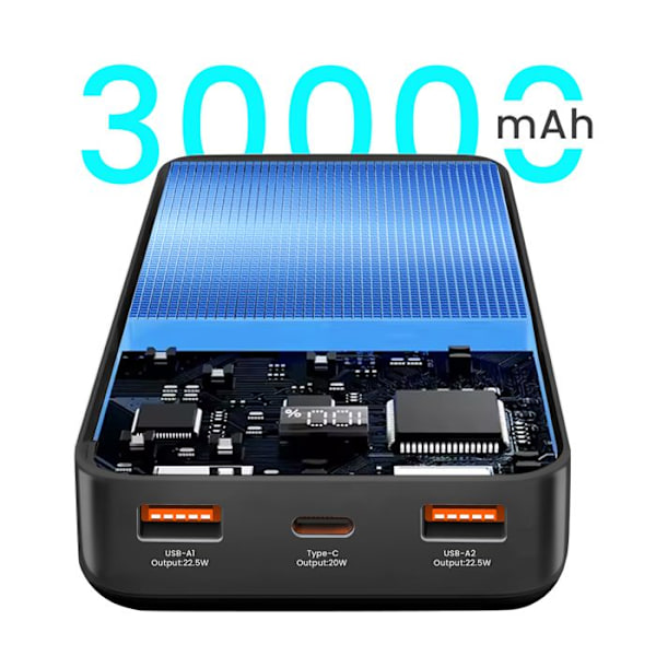 Batteri Extern 30000mAh USB-C och 2x USB LCD Skärm Bwoo Svart Svart