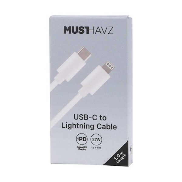 Laddnings- och synkroniseringskabel Lightning till USB-C PD 3.0 27W 1m Grab 'N Go Vit Vit