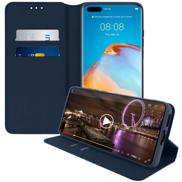 Housse - AVIZAR - Huawei P40 Pro - Folio Wallet Cover - Øko-læder - Indbygget st støtte - Blå Blå