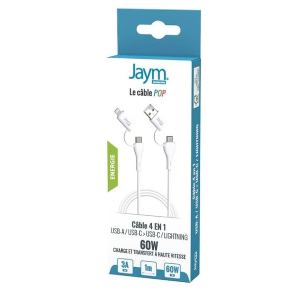 USB 4-in-1 kaapeli - JAYM - Lataus 3A - 60W - USB-C, Lightning - 1 metri Vit