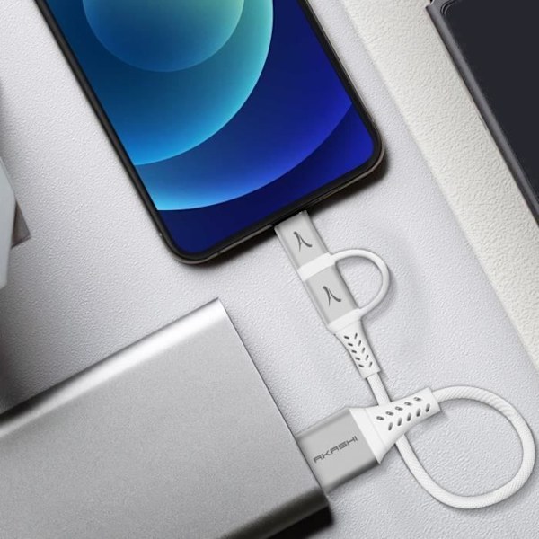 2 in 1 Lightning / USB-C lataussynkronointikaapeli, kompakti 10 cm Akashi White