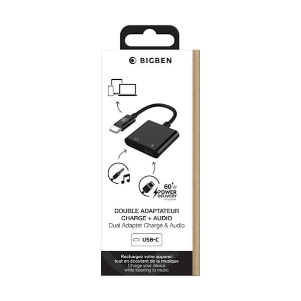 USB-C audioadapter - BigBen - 3.5mm - Opladning 60W - Kompakt 12cm - Sort