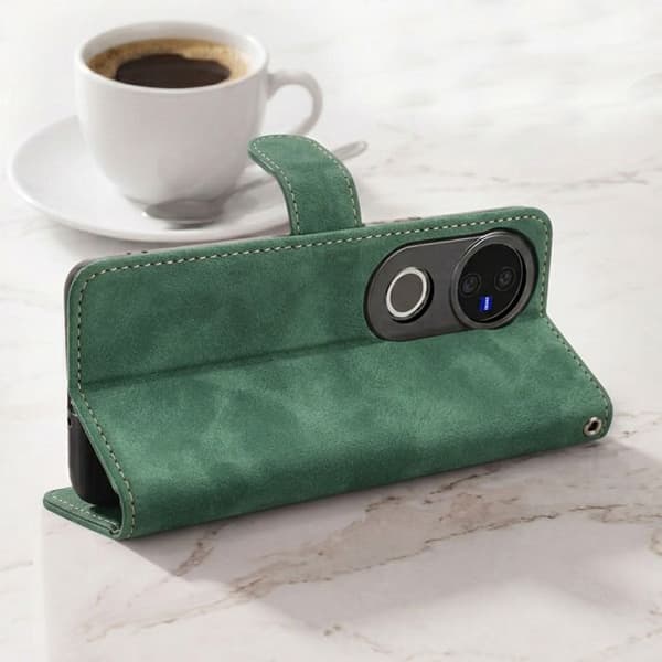 Læderlignende Velour Wallet Case til Vivo V50 5G med Støtte Grøn Grön