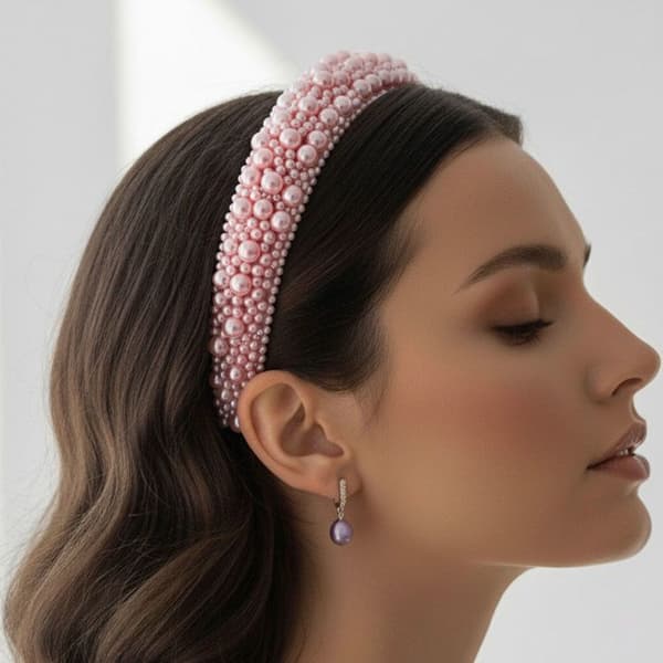Bred Hårband med Klassiska Rosa Pärlor Ros