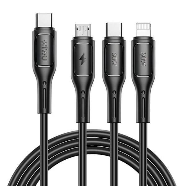Cabel 3 i 1 USB-C, Micro USB och Lightning Snabbladdning 60W 1m wiwu Svart