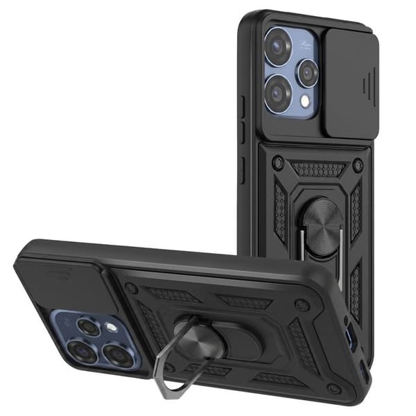 Cover til Oppo Reno 15 med støtte ring og skydelåg til kamera i sort Svart