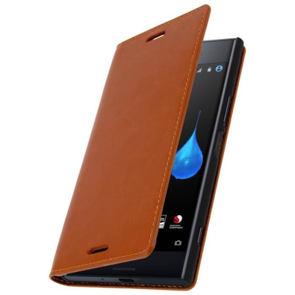Etui Portefeuille - AVIZAR - Xperia XZ Premium - Camel Læder - 3 Kortfag - Standfunktion Kamel