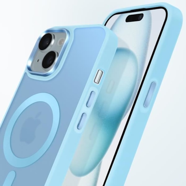 MagSafe-kuori iPhone 15 Plus ja 14 Plus, matta frosted takapuoli, vaaleansininen reuna Blå