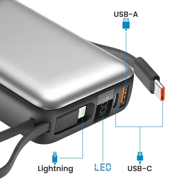 PowerBank 20000mAh 22.5W USB-C / USB-A med USB-C / Lightning Kabel Håndledsrem Akashi Grå Grå