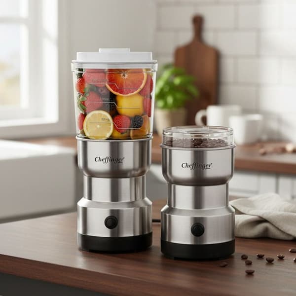 Mini-blender 300W 2-i-1 med rostfria knivar och kaffekvarn Cheffinger Grå Grå