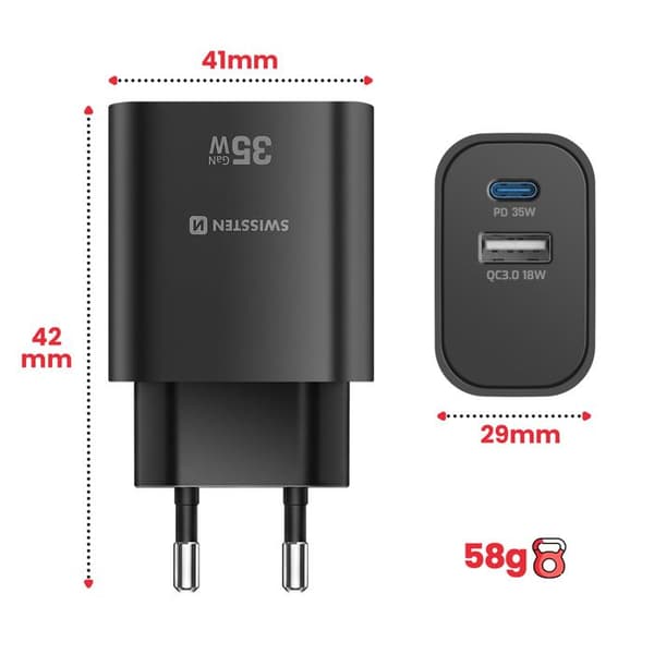 USB-C oplader 35W Power Delivery og USB-A Quick Charge 3.0 18W Swissten Sort Svart