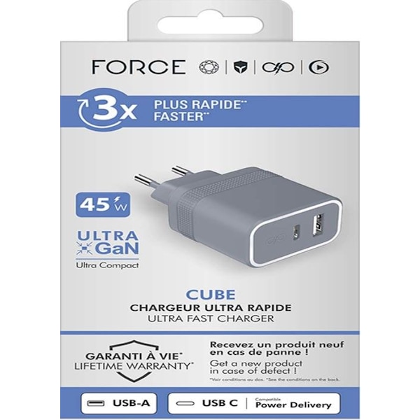 USB A + USB C Cube 45W Power Delivery UltraGaN Lataaja älypuhelimille Harmaa