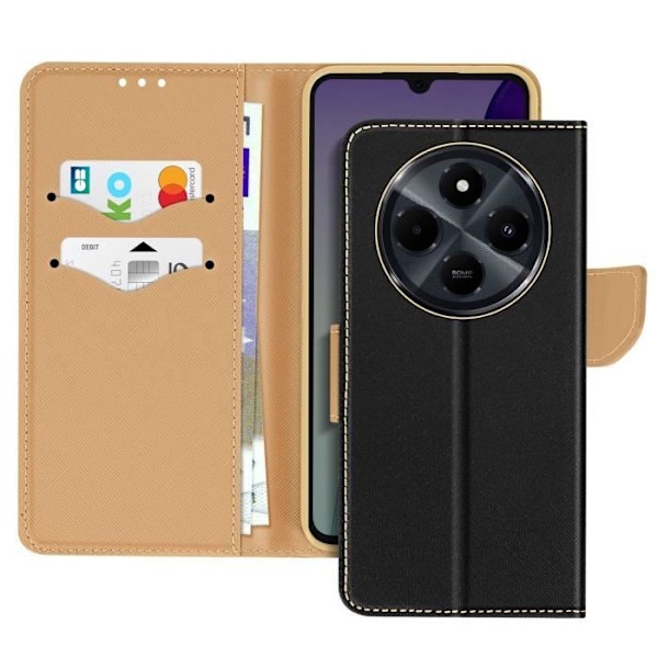 Etui til Xiaomi Redmi 14C Pung Læder Saffiano Fancy Sort / Guld Svart