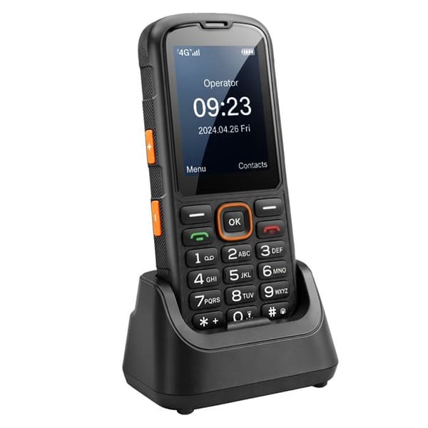 Robust, uknuselig 4G mobiltelefon med 2,8" skærm og sort ladestation Svart