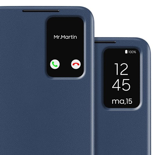 Etui i læder til Galaxy S25 og S24 med vinduesvisning og kortholder i natblå Blå