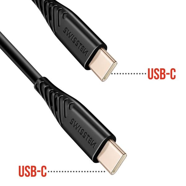 USB-C til USB-C kabel 60W Silikone Anti-nodel Swissten Sort Svart