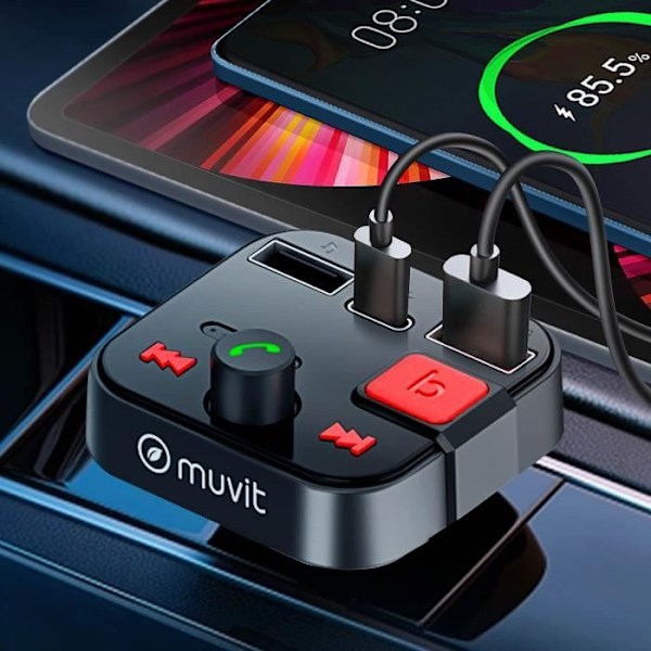Bluetooth FM-lähetin - MUVIT - Tupakansytytin - USB 3.0 ja USB-C -liitäntä - Integroitu mikrofoni - Hands-free Svart