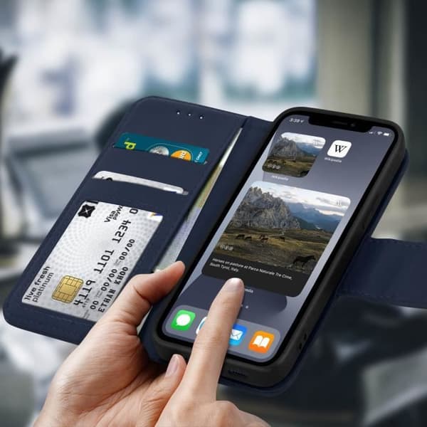 Hus till iPhone 12 Pro Max i premium nötkötsläder med kortfack och ställfunktion - AVIZAR - Mörkblå Nattblått