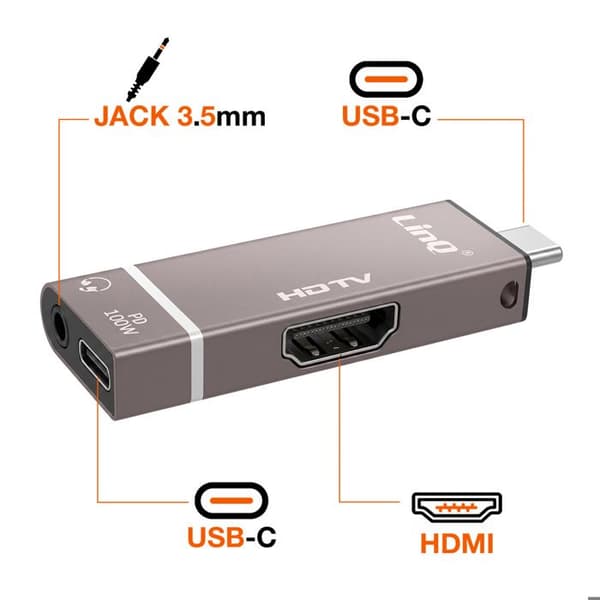 Mini Hub USB-C til HDMI 4K Jack 3.5mm og USB-C 100W LinQ Grå