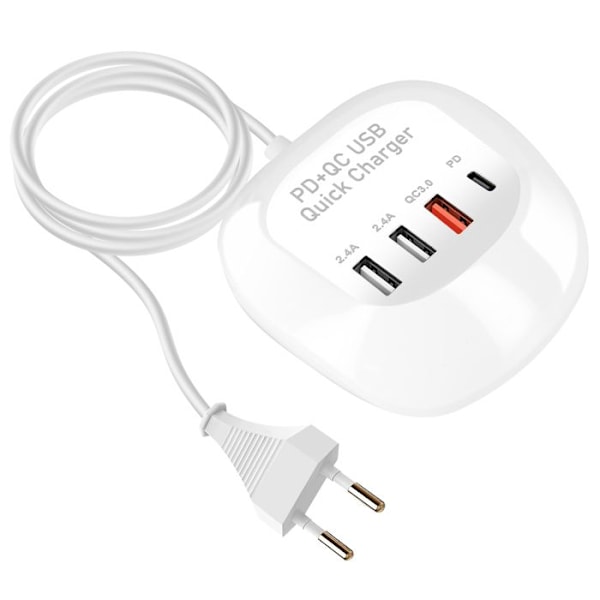 Mini multiport ladestation 3 USB + USB-C kompakt kabel 1m LinQ hvid Vit