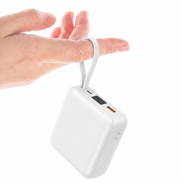 PowerBank 10000mAh 22.5W USB-C / USB-A med Indbyggede USB-C / Lightning Kabel Akashi Hvid