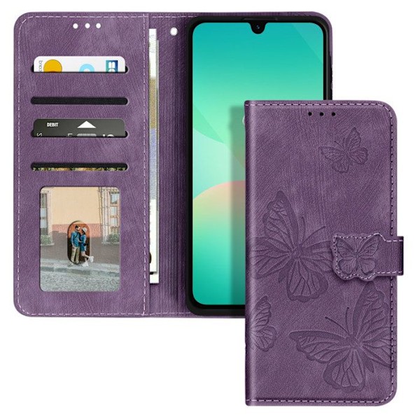 Samsung Galaxy A26: Pussukka, lompakko ja videotuki, violetti Lila