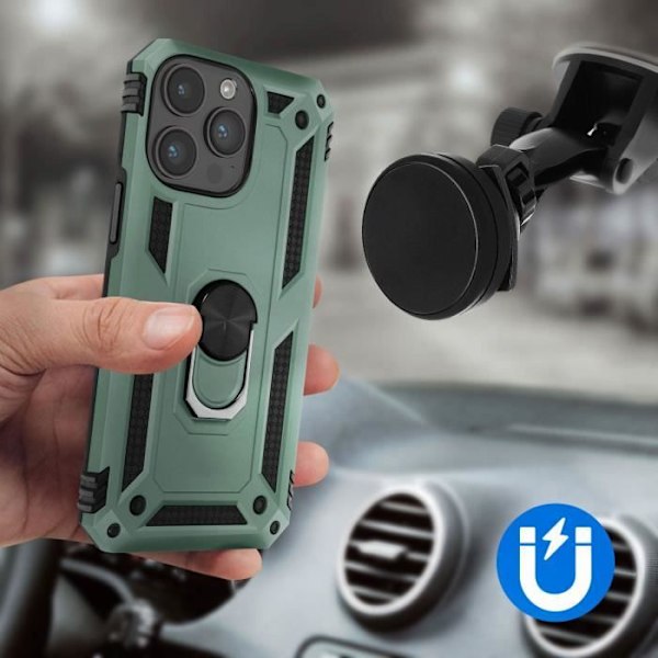 iPhone 15 Pro kuori - AVIZAR - ArmoRing - Iskunkestävä - Pyörivä rengas - Magneettisesti yhteensopiva Grön