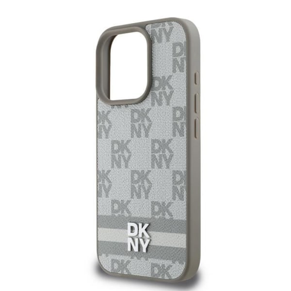 iPhone 16 Pro Elegantti Kuori Ruudullisilla ja Raidallisilla Kuvioilla DKNY Beigessä Grå