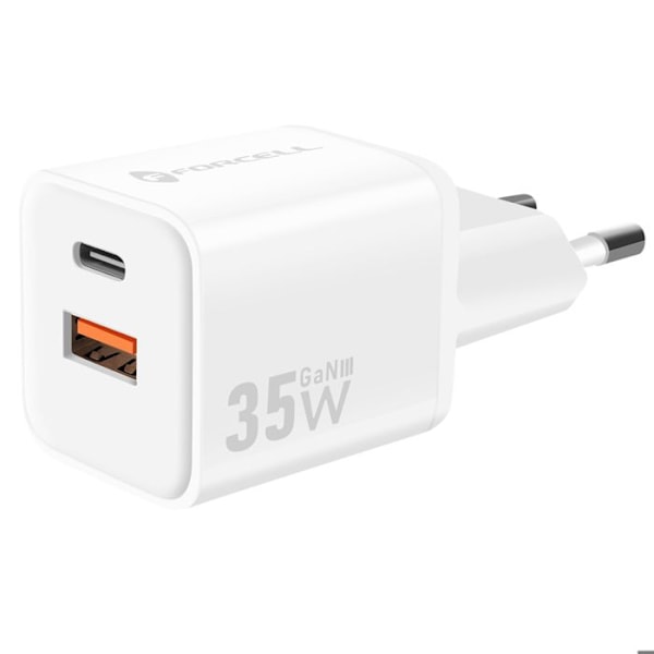 GaN III 35W Vægbelader med USB-C + Mini USB Porte Forcell Hvid Vit