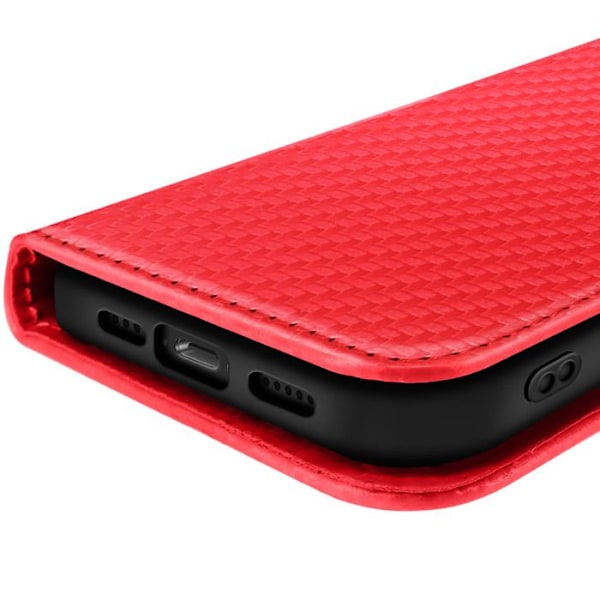 Carbonetui til iPhone 16, tegnebog, støtte, håndledsrem, rød Röd