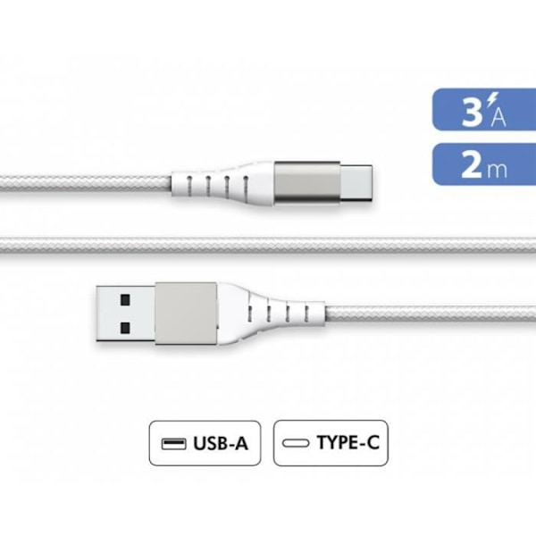 Forstærket USB A/USB C-kabel 2m 3A Hvid - Force Power Lite Livstidsgaranti