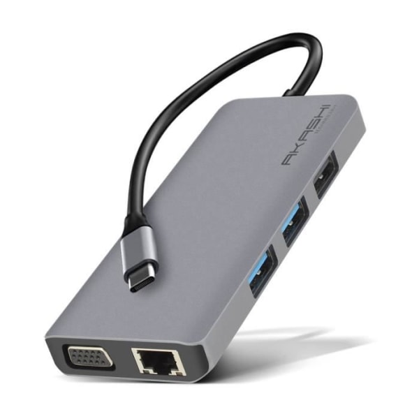 USB-C Hub - Akashi - 9 i 1 - 3x USB - 1x HDMI - 1x VGA - 1x Ethernet - Grå