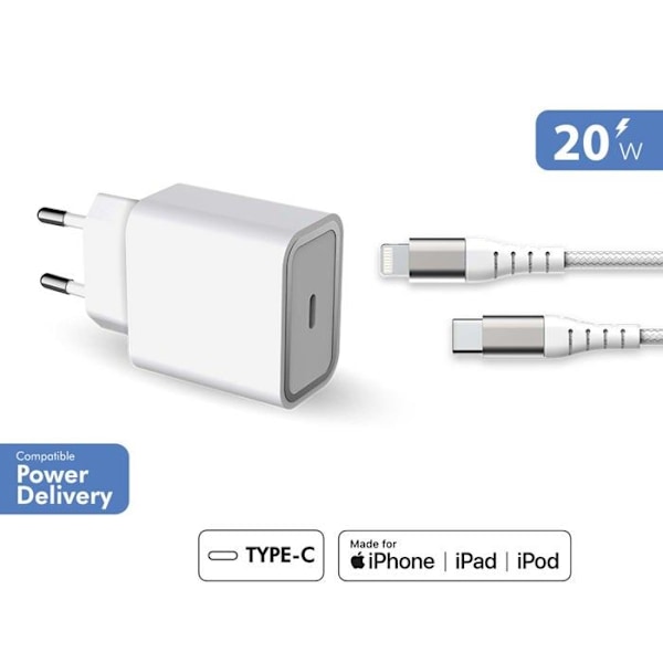 20W Power Delivery hjemmeoplader + USB C/Lightning forstærket kabel Livstidsgaranti Hvid 100 % genbrugsplast Force Power Lite