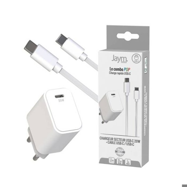Pack Väggadapter med USB-C till USB-C PD 20W 1,5m Jaym Vit Vit