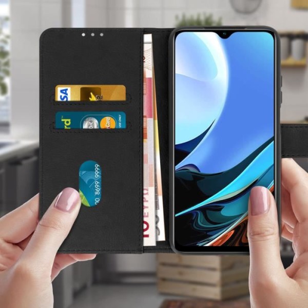 Etui - Xiaomi - Redmi 9T - Beskyttelse med Kortholder - Støttefunktion - Sort Svart