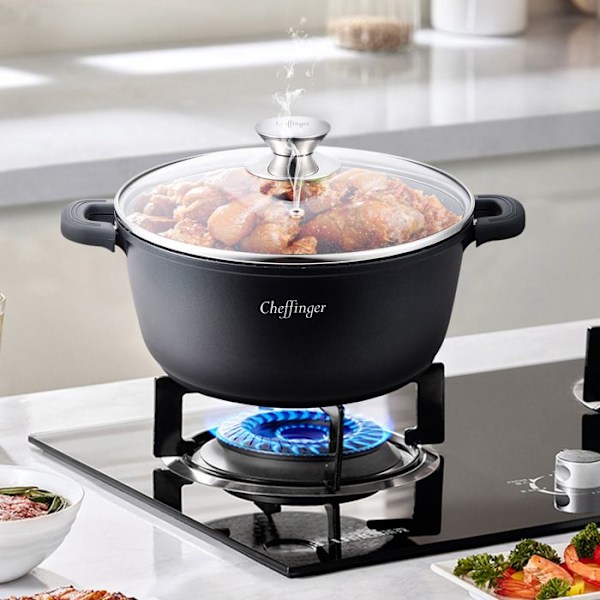 Gryta 32cm 8,6 liter alla värmekällor + induktion Tål ugn och diskmaskin... non-stick marmor med lock svart