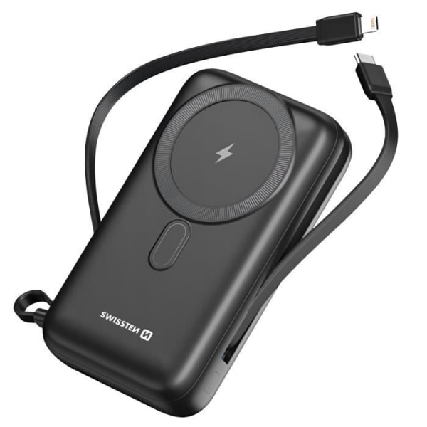 Powerbank MagSafe 20000mAh Integrerad USB-C + iPhone-kablar Swissten LCD-skärm Svart
