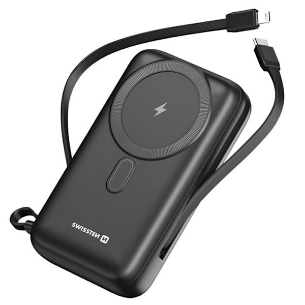 Powerbank - SWISSTEN - 20000mAh - MagSafe - Inbyggda USB-C och iPhone-kablar - LCD-skärm Svart