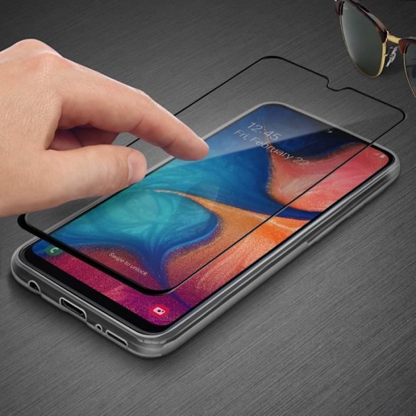 Kotelo ja suojakalvo - AVIZAR - Galaxy A20e - Läpinäkyvä silikoni - Karkaistu lasi - Musta Contour Transparent, svart